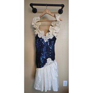80s prom dress, blue and white sequins and ruffles women's small/medium